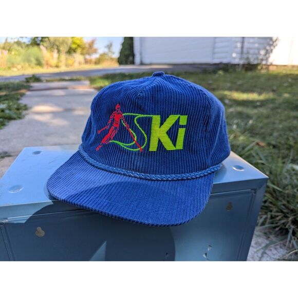 VTG Corduroy Ski Trucker Hat OS Retro Colorful Embroidered Bump Bonnetts Blue - Picture 1 of 11